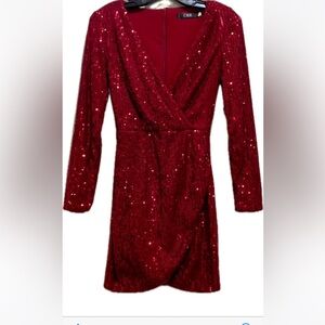 CBR Red Sequin Holiday/Special Occasion Draped V-Neck Dress Womens Size L